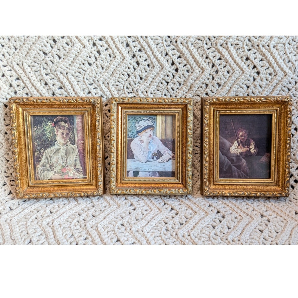 Vintage Miniature Framed Art Prints Set of 3 Gold Ornate Ornate Portrait Frames